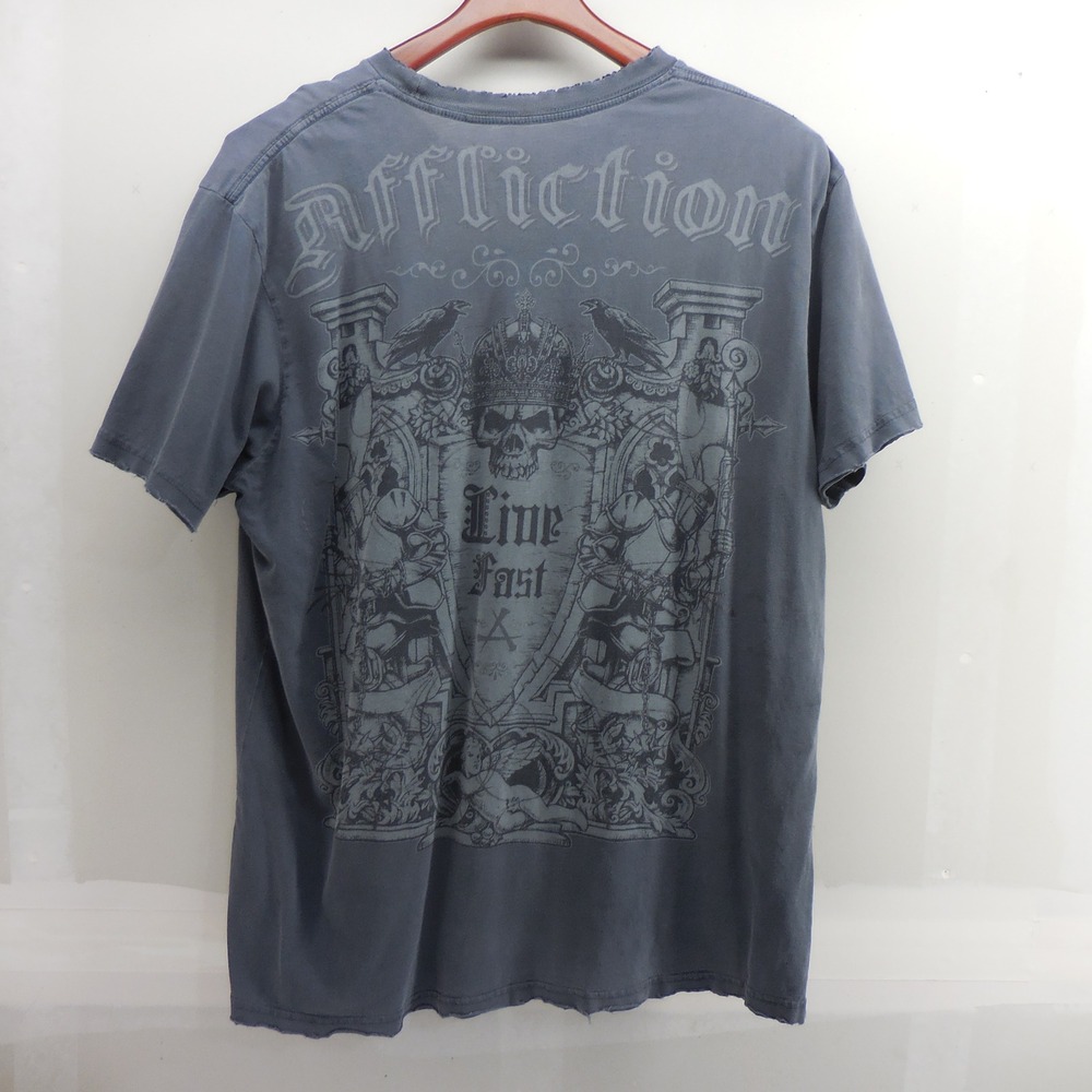 Affliction Mens Live Fast Skull Graphic T-Shirt Gray Distressed XL Y2K MMA Biker